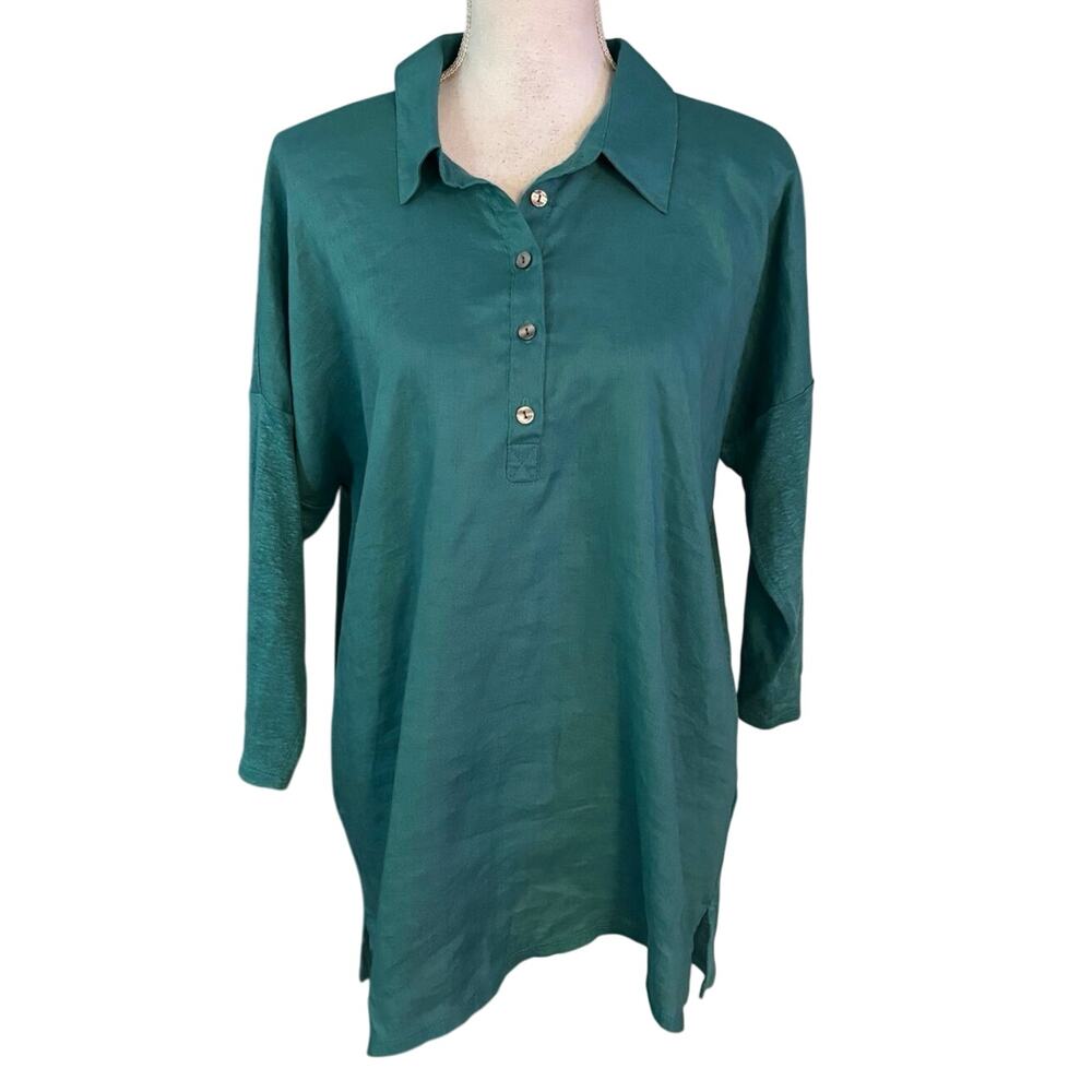 J Jill Size M Love Linen Popover Top Mixed Material Teal